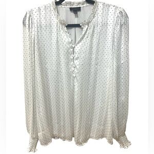 Tamara H White Black Polk A Dot Long Sleeve Top Ruffle Neckline SZ L NWOT